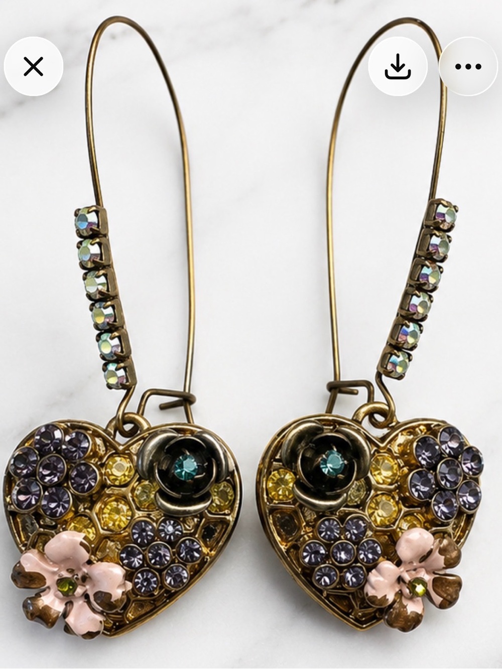Betsey Johnson Gold Heart Drop Earrings with Purple, Yellow & Pink Accents
